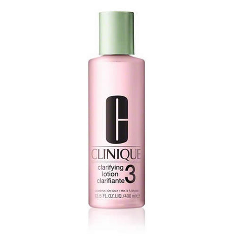Clinique Clarifying Lotion 3 for combination oily skin in a 400ml bottle, displayed with its label and packaging.