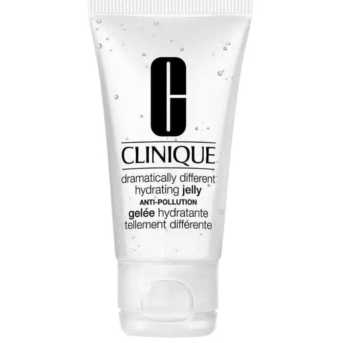 Clinique Dramatically Different Hydrating Jelly anti-pollution 50ml jar, clear gel texture, with label and branding visible.