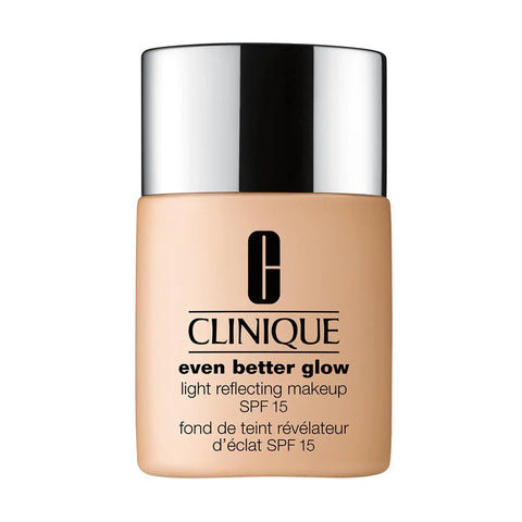 Clinique Even Better Glow foundation in shade 76 Toasted Wheat, 30ml bottle, with product label visible.