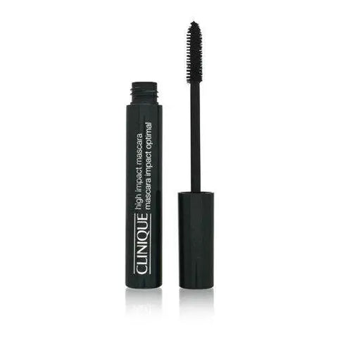 Clinique High Impact Mascara in black, 8g, with volumizing brush and long-lasting formula, displayed in a sleek black tube.