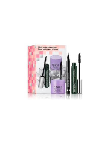 Set of three Clinique High Impact Mascara tubes in a black packaging with white text, designed for voluminous lashes.