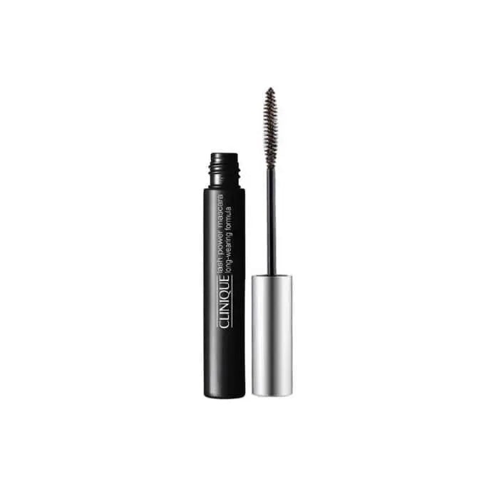 Clinique Lash Power Mascara in 04 Dark Chocolate, featuring a sleek black tube with a curved wand and dark brown mascara formula.