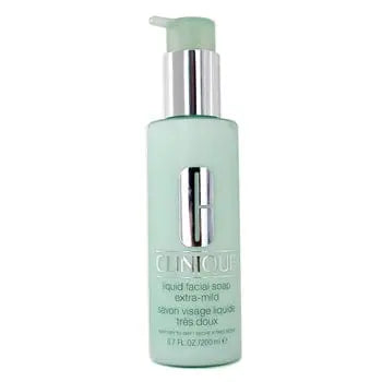 Clinique Liquid Facial Soap Extra Mild 200ml bottle with clear label, displayed on a neutral background.