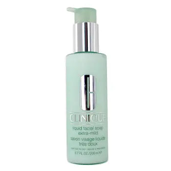 Clinique Liquid Facial Soap Extra Mild 200ml bottle with white pump dispenser, shown with clear liquid inside.