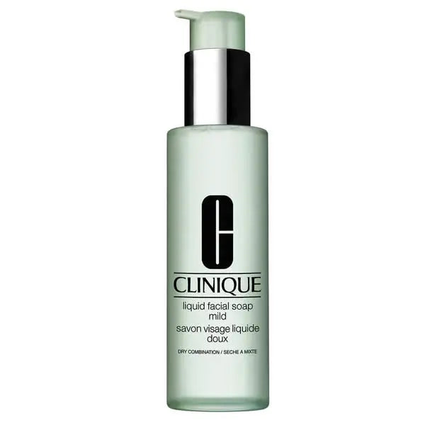 Bottle of Clinique Liquid Facial Soap Mild in 200ml size, displayed with clean, minimalist design and branding from Jag Couture London New York