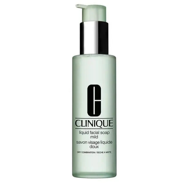 Clinique Liquid Facial Soap Mild in 200ml bottle, gentle facial cleanser, shown in sleek packaging.