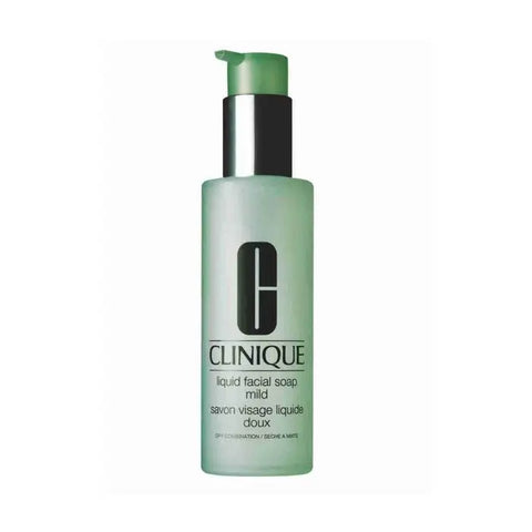 Clinique Liquid Facial Soap Mild in a 400ml bottle, gentle facial cleanser with clear liquid and white pump dispenser.