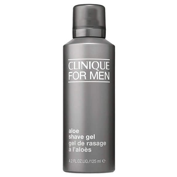 Clinique Men Aloe Shave Gel in 125ml tube, featuring clear gel formula with aloe for a smooth, soothing shave.