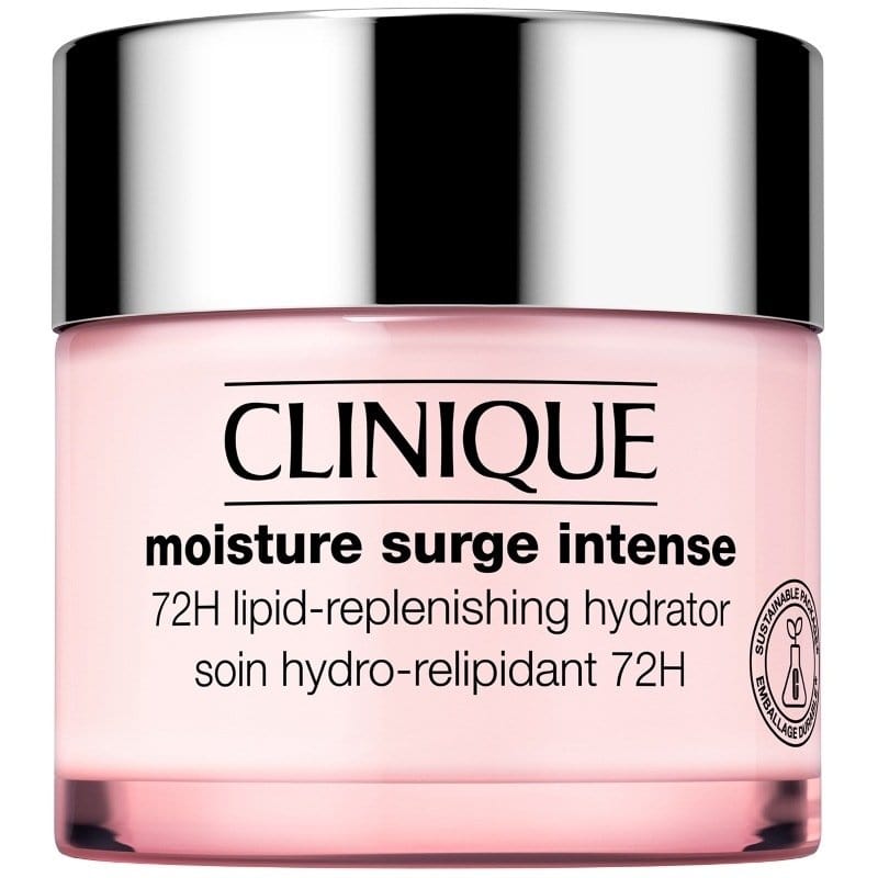 Clinique Moisture Surge 100H Auto Replenishing Hydrator 75ml, a hydrating skincare product in a clear jar with a white lid.