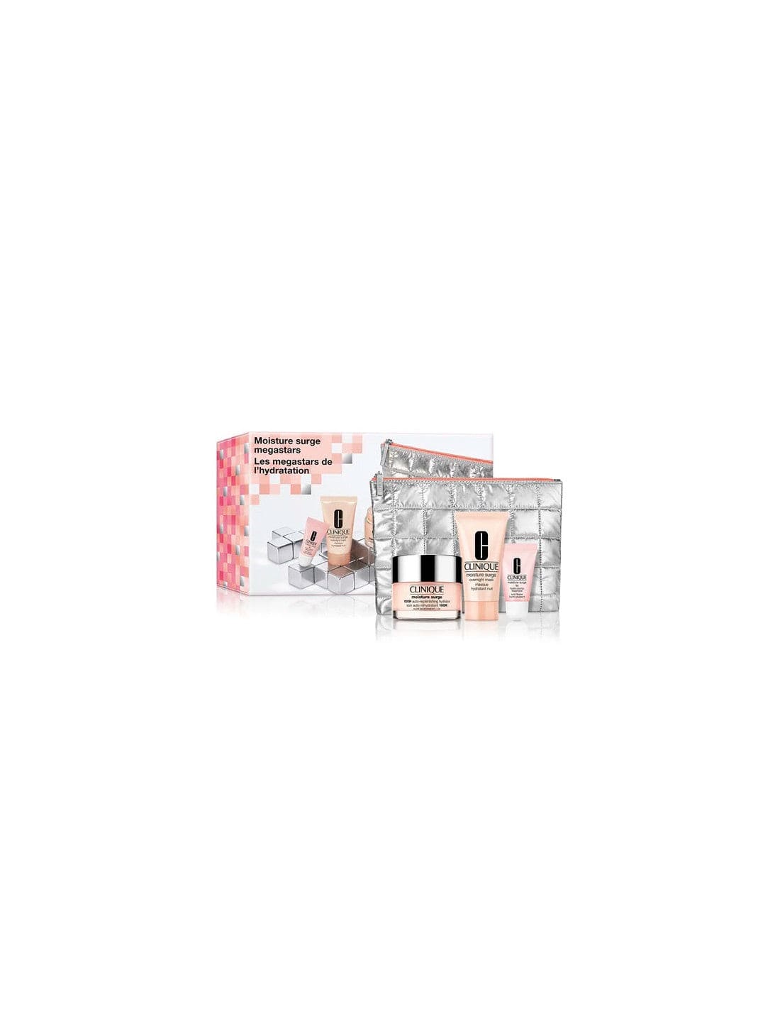 Set of four Clinique Moisture Surge 100H skincare jars in a Jag Couture London - New York gift box, featuring hydrating gel formulations.