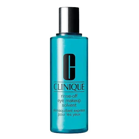 Clinique Rinse Off Eye Makeup Solvent for all skin types in 125ml bottle, shown with product label and packaging.