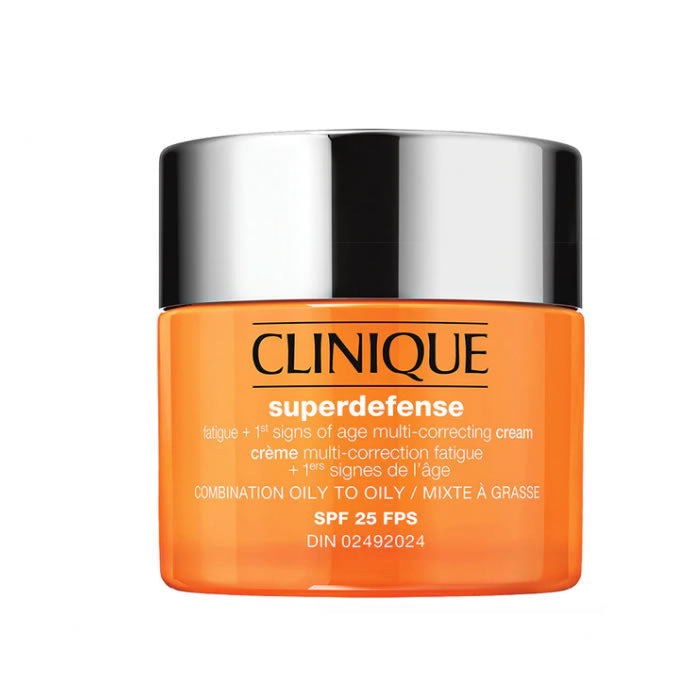 Clinique Superdefense Broad Spectrum SPF25 multi-correcting cream in a 50ml jar, designed to combat fatigue and early aging signs.