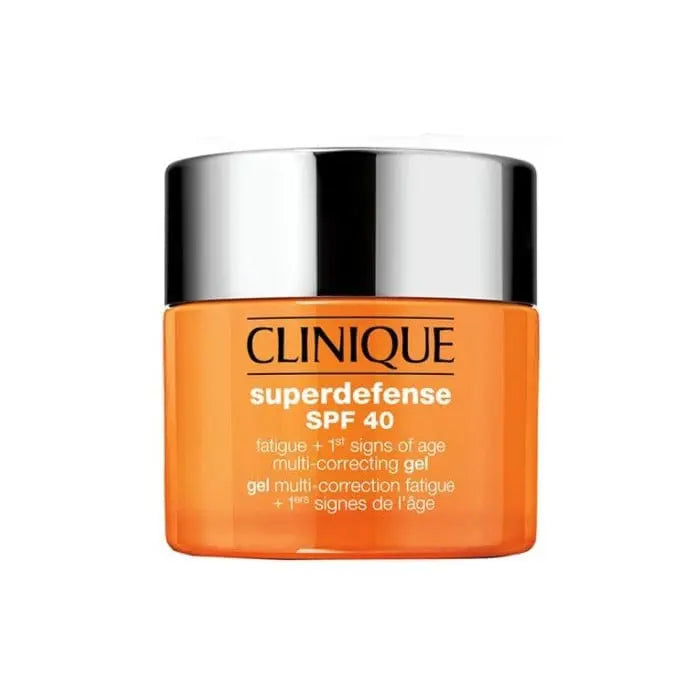 Clinique Superdefense SPF40 multi-correcting gel for fatigue and early aging, 30ml, shown in sleek tube with brand packaging.