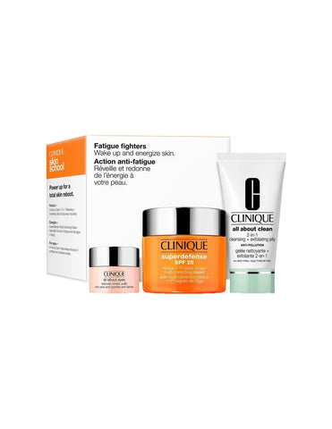 Clinique Superdefense SPF25 50ml exfoliating jelly, 30ml skincare cream, and 5ml eye cream in packaging with Jag Couture London branding.