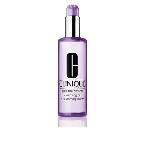 Clinique Take The Day Off Cleansing Oil by Jag Couture London, 200ml bottle with pump for makeup removal and skincare.