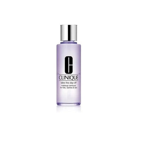 Clinique Take The Day Off makeup remover for lids, lashes, and lips in a 200ml bottle, shown with the packaging.