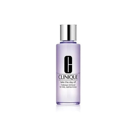 Clinique Take The Day Off makeup remover for lids, lashes, and lips in a 200ml bottle, shown with the product label and packaging.