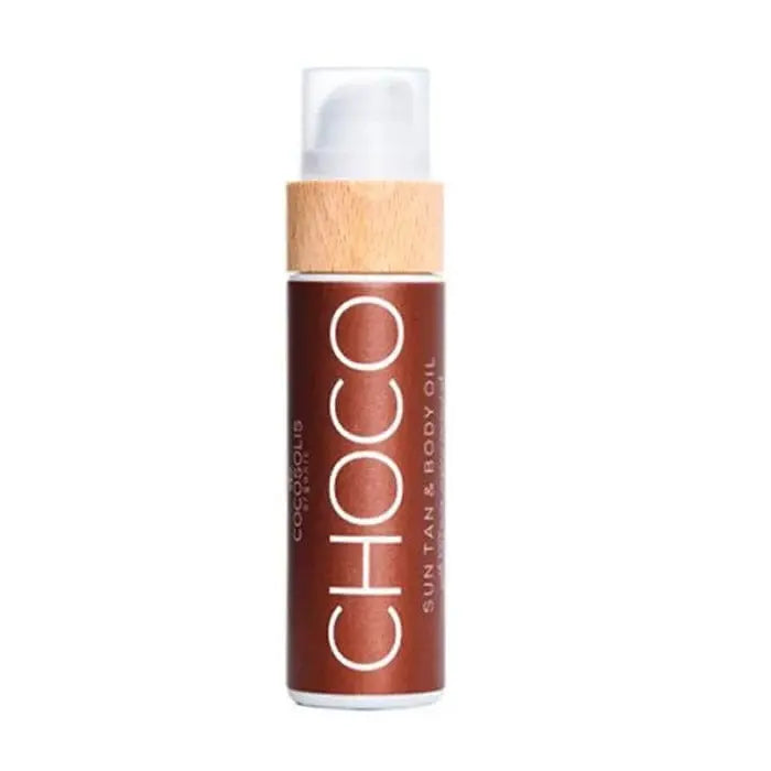 Cocosolis Choco Sun Tan and Body Oil in 110ml bottle, featuring rich chocolate scent and nourishing skin formula.