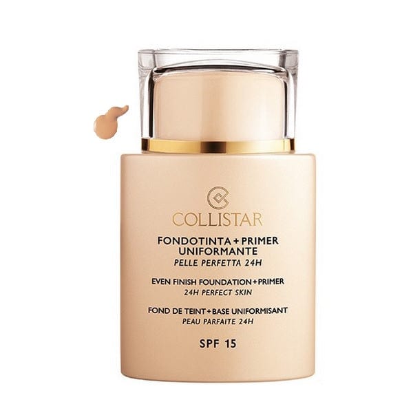 Collistar Even Finish Foundation Plus Primer in shade 03 Sand, 35ml, with SPF 15, showcasing smooth foundation and primer texture.