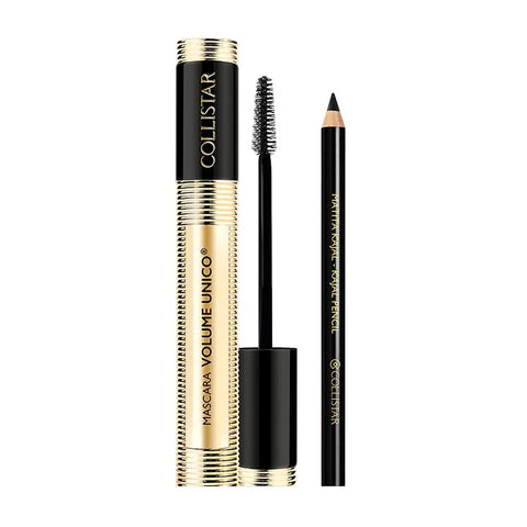 Collistar Volume Unico mascara and Kajal pencil by Jag Couture London-New York, featuring black mascara brush and sleek eyeliner pencil.