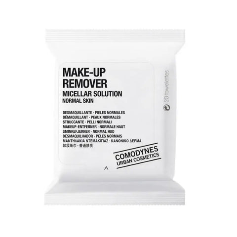 Comodynes cleansing wipes for normal and mixed skin, 20 units, by Jag Couture London New York, showing the pack and wipes inside.