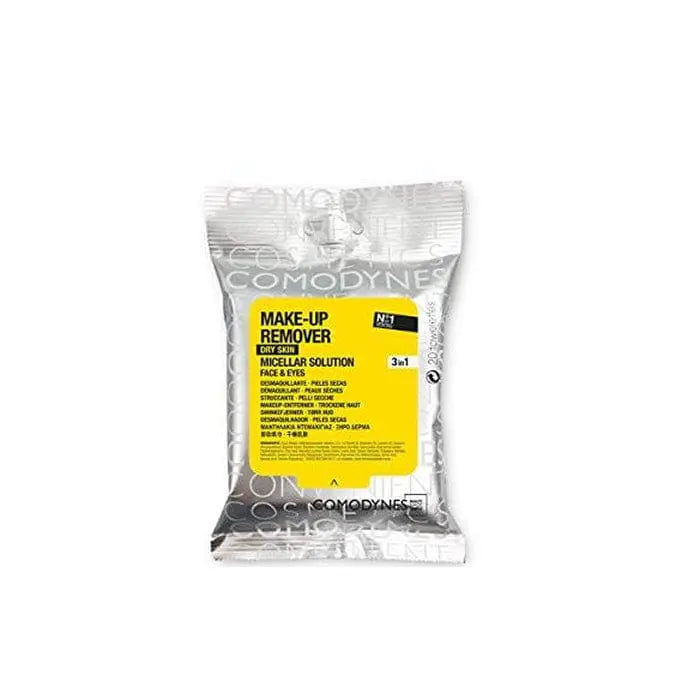 Comodynes makeup wipes for sensitive and dry skin, 20 units, by Jag Couture London New York, showing the package and wipes.