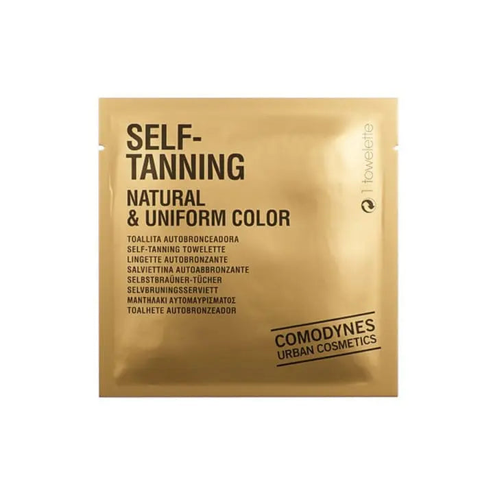 Self-tanning towelette pack with 8 units from Comodynes, by Jag Couture London New York, showing individual towelettes in a sealed package.