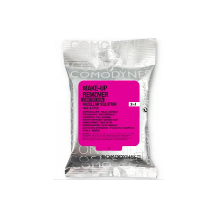 Jag Couture London New York Comodynes Micellar Cleansing Wipes for face and eyes, 20 units, image of the pack of makeup remover wipes.