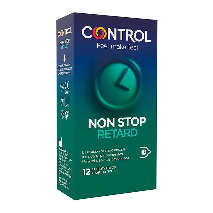 Control Non Stop condoms by Jag Couture London New York, 12-pack, with colorful packaging and discreet design.