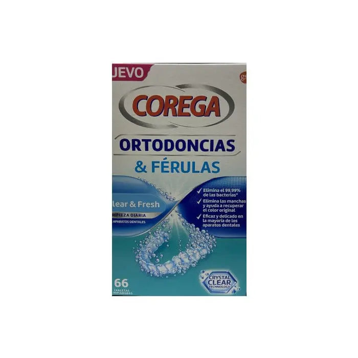 Corega Orthodontics and Splints tablets in a container, used for dental appliance care, by Jag Couture London New York.