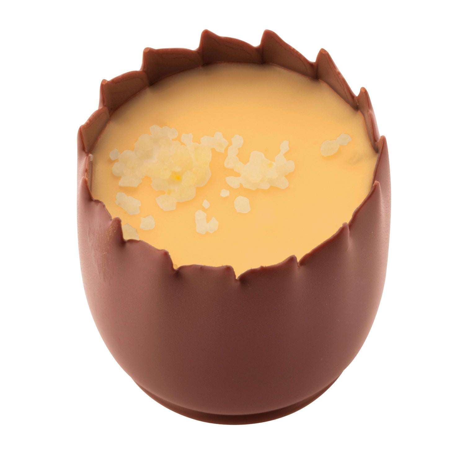 Corina milk chocolate mango ganache cup by Jag Couture London, 13g, showing the smooth chocolate and mango filling in a small cup.