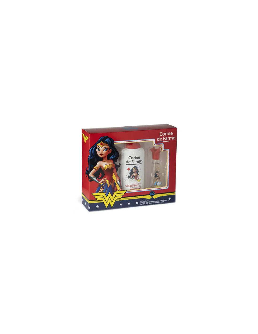 Corine De Farme Wonder Woman Eau de Toilette 50ml set, featuring a floral fragrance bottle with packaging, by Jag Couture London New York.