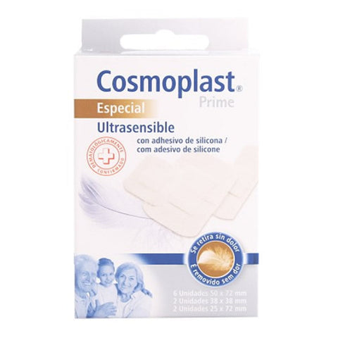 Cosmoplast Ultrasensible Band-Aids without pain by Jag Couture London - New York, 10-pack, shown on a surface with bandage strips visible