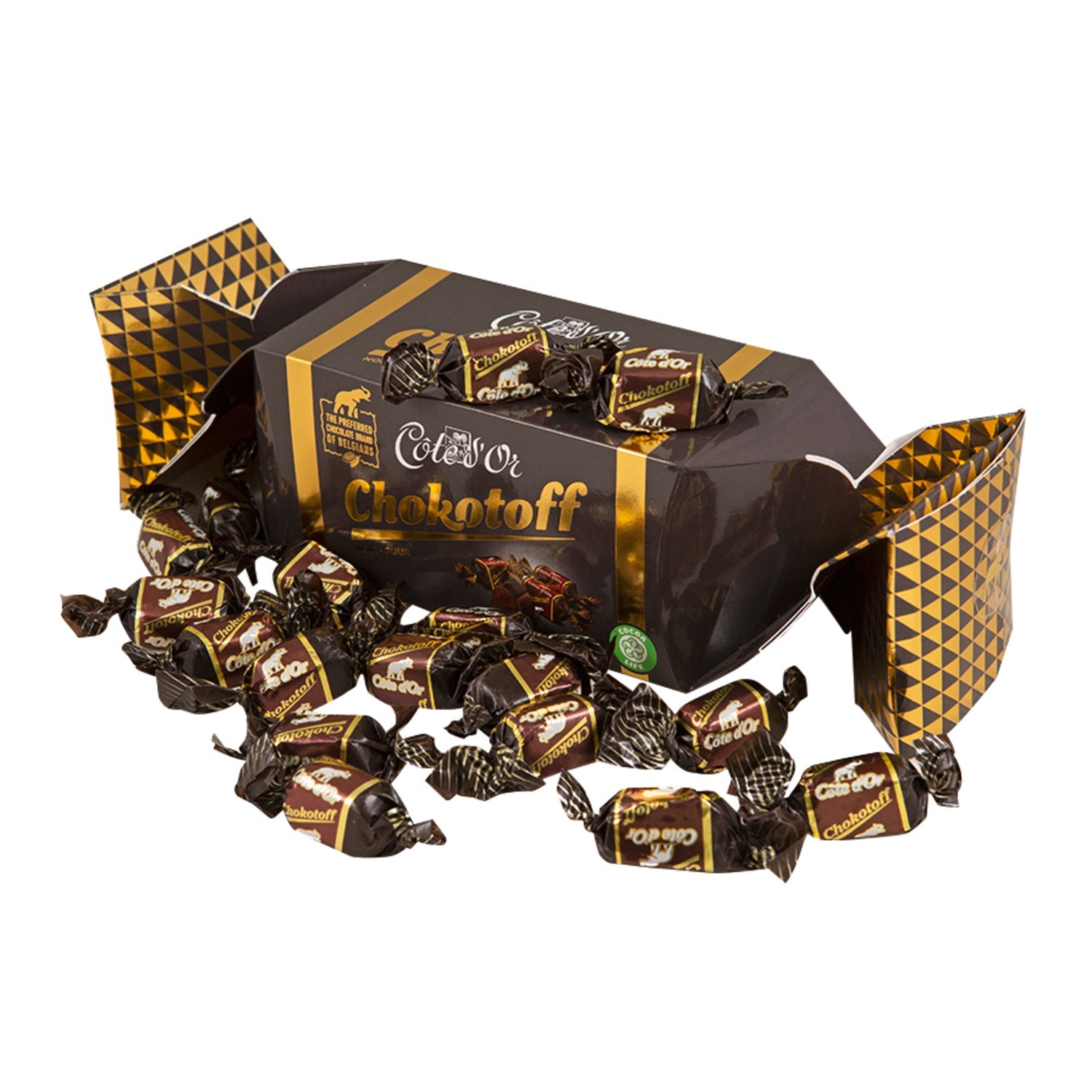 Cote d'Or Chokotoff gift cracker filled with individual Chokotoff caramel sweets, branded by Jag Couture London New York.