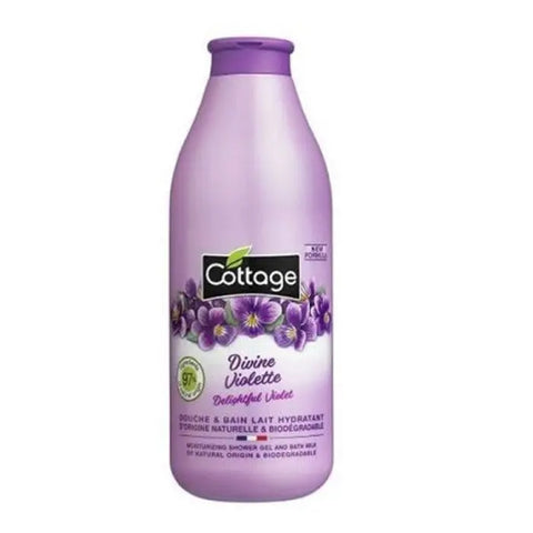 Cottage Divine Violette Milk Shower Gel by Jag Couture London, 750ml bottle with violet floral design and creamy texture.