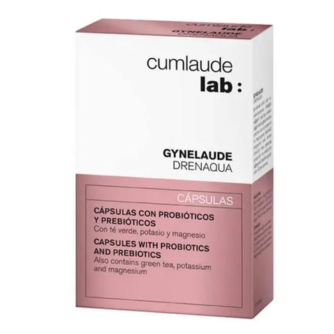 Cumlaude Drenaqua capsules with probiotics and prebiotics in a bottle, dietary supplement by Jag Couture London New York.