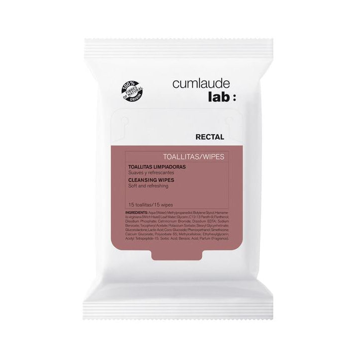 Jag Couture London New York Cumlaude Perianal Wipes, 15 units, close-up of soft, individually wrapped hygienic wipes.