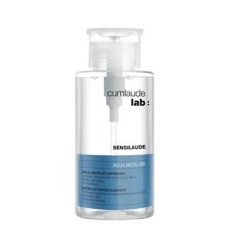 Cumlaude Sensilaude Micellar Water Cleanser 300ml bottle, clear liquid in a white and blue label, on a clean background.