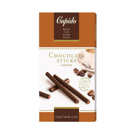 Jag Couture London New York Cupido dark chocolate coffee sticks, showing a close-up of the coffee sticks with dark chocolate coating.