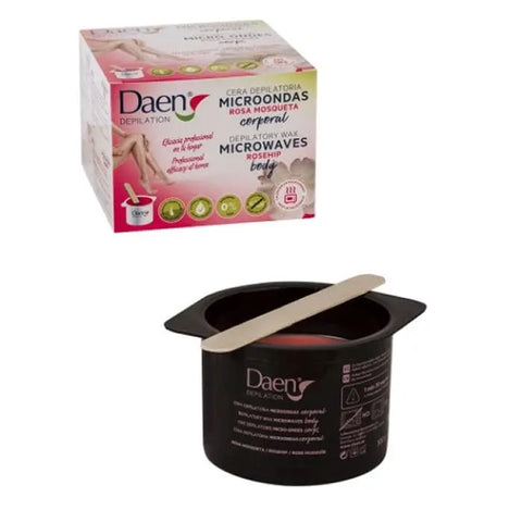 Daen Depilation Rosehip microwave depilatory wax jar, 300g, by Jag Couture London New York, showing the wax product and packaging.