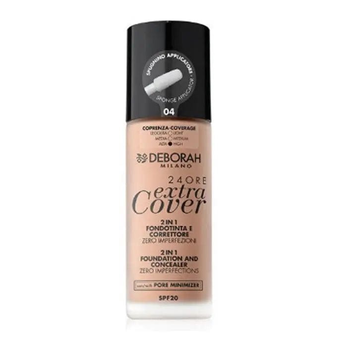Deborah Milano 24 Ore Extra Cover 2-in-1 foundation with SPF 20 in shade 04, 30ml, showcased in a sleek bottle.