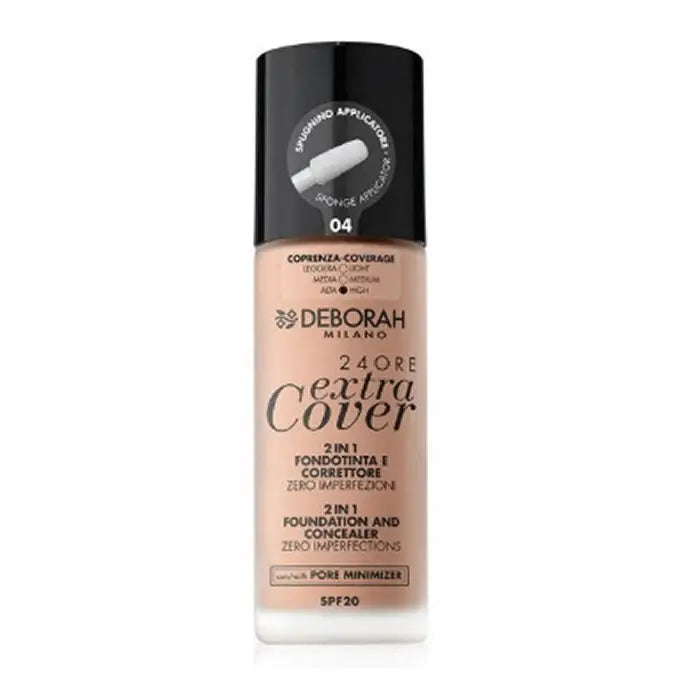 Deborah Milano 24 Ore Extra Cover 2 in 1 foundation with SPF20, 30ml, in shade 04, displayed in a sleek bottle.