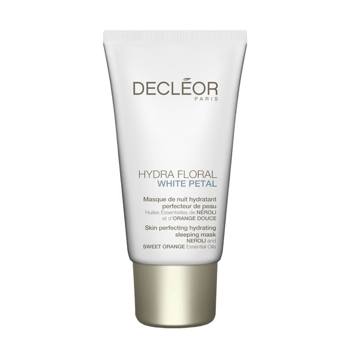 Decleor Hydra Floral White Petal Skin Perfecting Hydrating Sleeping Mask in 50ml jar, featuring white petals for deep moisture.