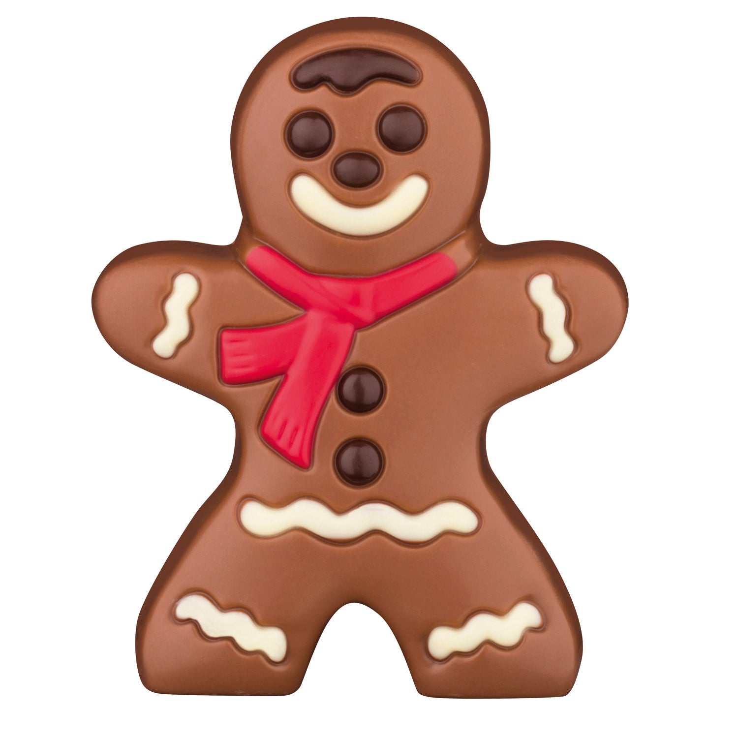 Decorated hollow milk chocolate gingerbread person in cello wrap, 103mm, by Jag Couture London New York, with festive icing details.