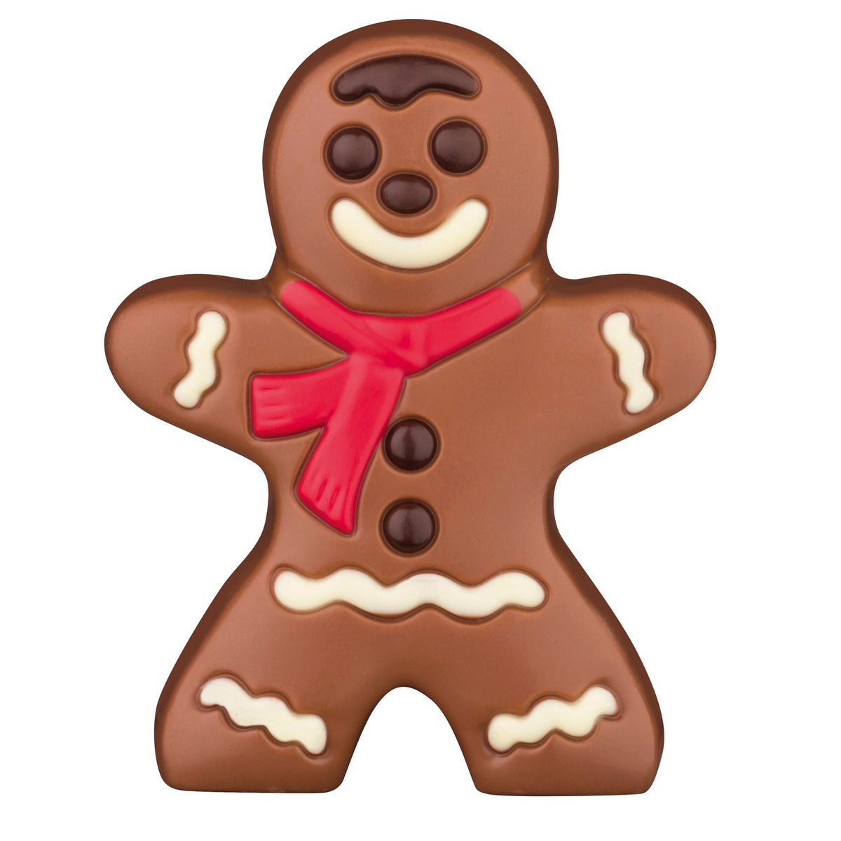 Decorated hollow milk chocolate gingerbread person in cello wrap, 103mm, by Jag Couture London New York, with festive icing details.