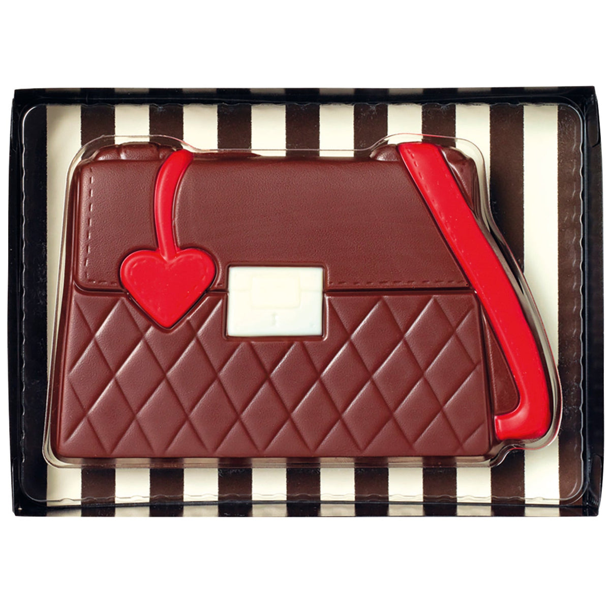 Decorated hollow milk chocolate handbag by Jag Couture London in a gift box, 105mm size, with detailed design and packaging.