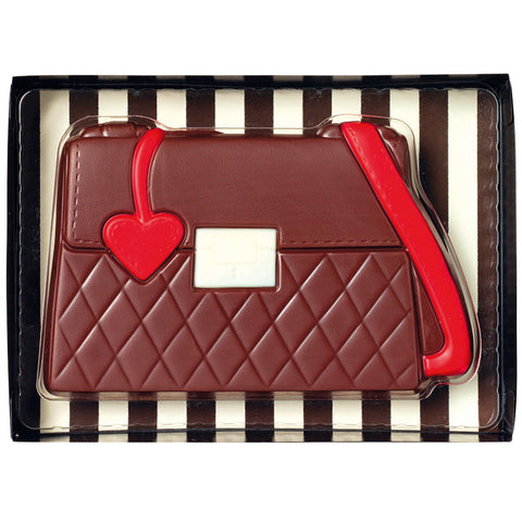 Decorated hollow milk chocolate handbag by Jag Couture London in a gift box, 105mm size, with detailed design and packaging.