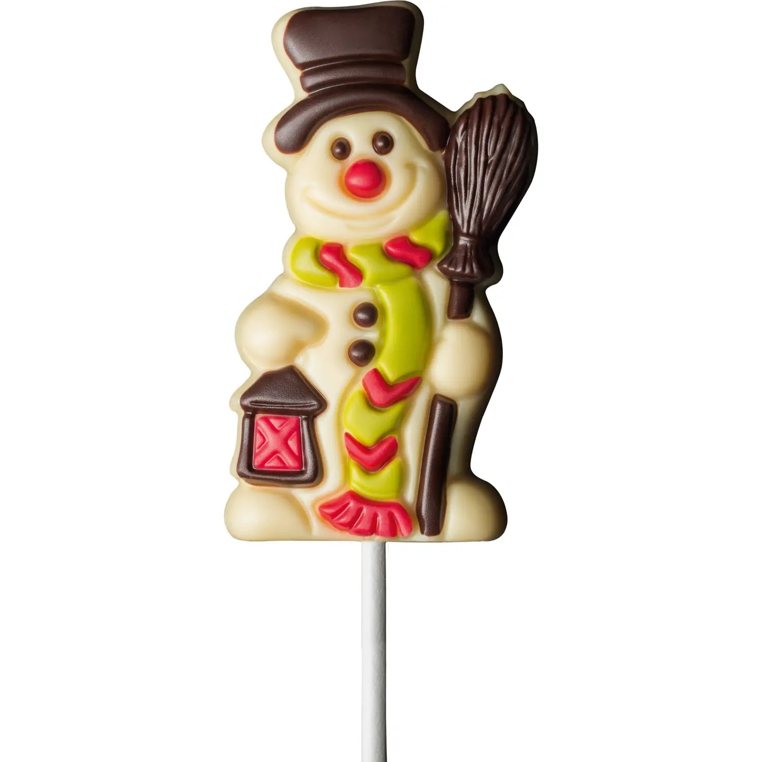 Decorated solid white chocolate snowman lolly from Jag Couture London in display, 160mm tall, featuring detailed snowman design.