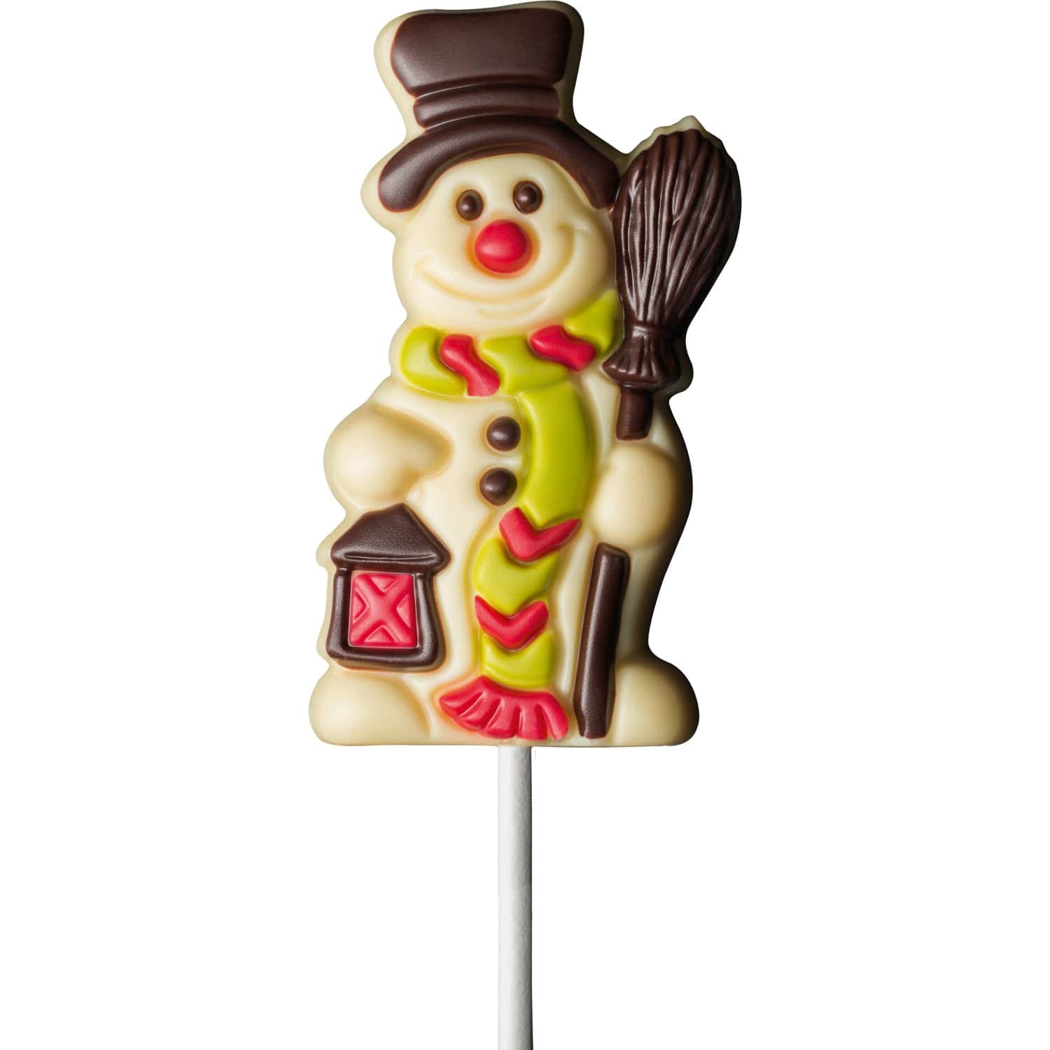 Decorated solid white chocolate snowman lolly in display, 160mm, by Jag Couture London New York, with festive details and glossy finish.