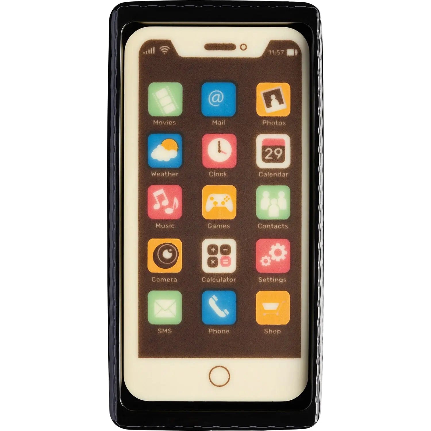 Decorated white chocolate smartphone in a gift box, 132mm, by Jag Couture London New York, detailed with decorative elements.